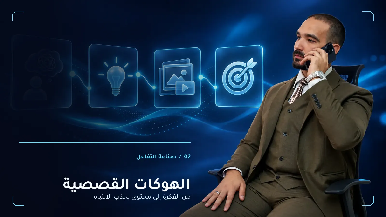 مصباح بكري مع مخطط جرافيكي يوضح خطوات تحويل الفكرة إلى محتوى جذاب